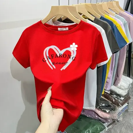 2024新款短袖夏季t恤女纯棉红色正肩圆领高端上衣凉感修身显瘦ins图片