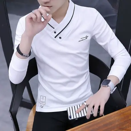 男士V领长袖t恤春秋季加绒加厚打底衫潮流春装男装修身保暖上衣服商品大图