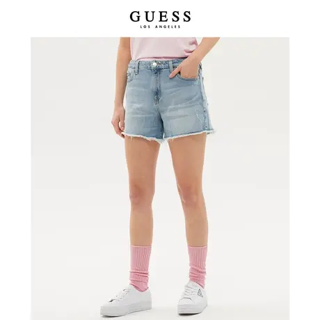 GUESS23新女美式复古做旧破洞毛边高腰A字牛仔短裤-W3GD74D4K30图片
