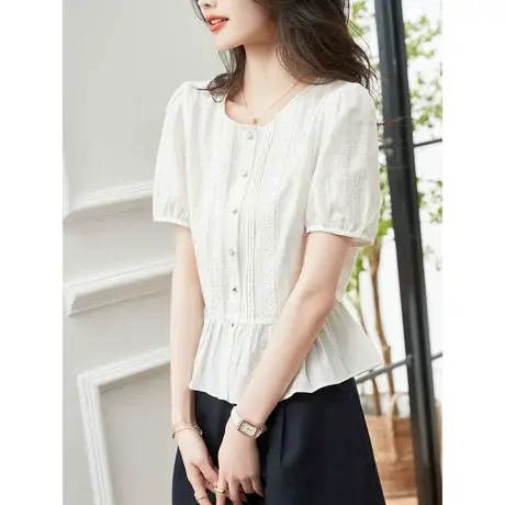 时尚百搭圆领淑女短袖衬衫女士2023年夏季新款设计感显瘦小众上衣商品大图