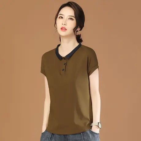 韩潮袭人POLO领拼接休闲短袖T恤女2023夏季新款正肩百搭体恤上衣图片