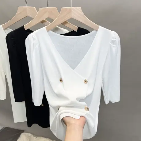 v领冰丝针织开衫女2023春夏秋新款外穿上衣薄款中袖泡泡袖t恤衫潮商品大图