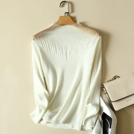 秋季2022新款蕾丝镂空拼接半高领毛衣打底衫女士内搭洋气针织上衣商品大图