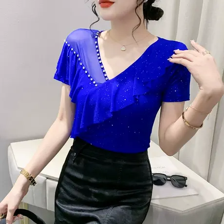 2023夏装新款性感V领网纱T恤女短袖别致荷叶边小衫修身气质上衣潮商品大图