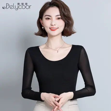 圆领网纱打底衫女春秋长袖2023新款内搭T恤简约黑色纱衣修身上衣商品大图