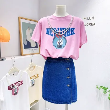 小个子别致设计感上衣2023夏季新款韩国东大门珍珠链坠兔子短袖t图片