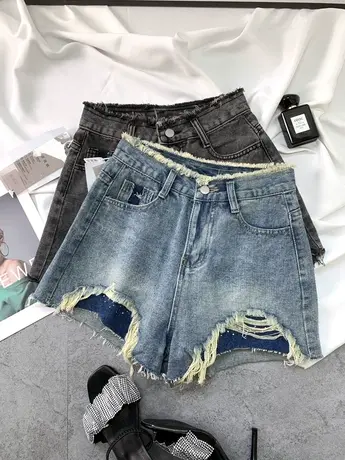 美式辣妹破洞重工钉钻高腰牛仔短裤女流苏夏季新款阔腿a字热裤潮商品大图