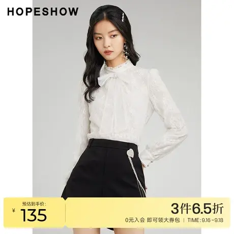红袖outlets立领蕾丝上衣hopeshow2022冬季新款木耳边蝴蝶结衬衫图片