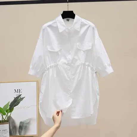 夏装2023收腰中长款衬衫前短后长休闲百搭时尚宽松衬衣外套女上衣图片