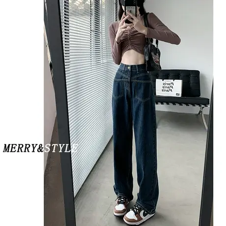 美式高腰阔腿牛仔裤女春秋2023年新款爆款女士设计感宽松直筒裤子图片