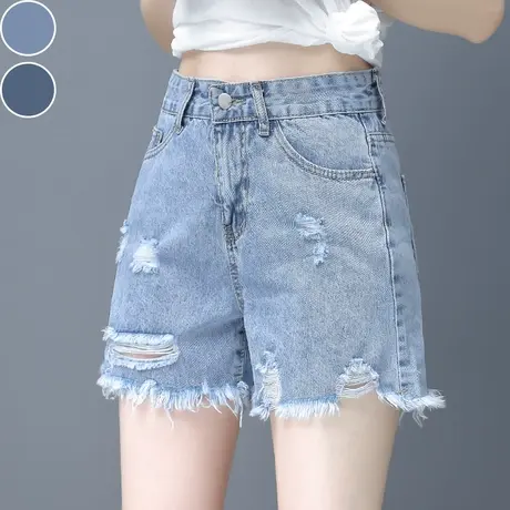 浅色破洞牛仔短裤女夏季薄款2023新款时尚高腰宽松毛边阔腿热裤潮图片