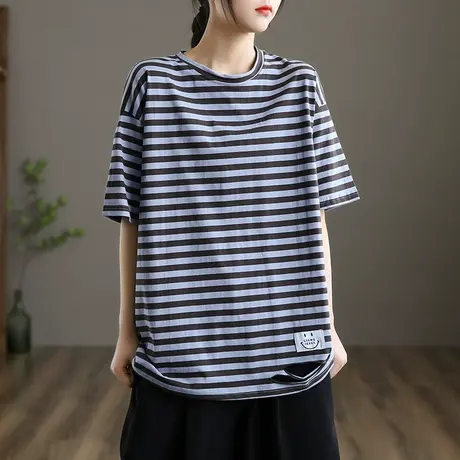 dza 文艺复古纯棉条纹T恤女士短款洋气内搭上衣新款秋季百搭体恤商品大图