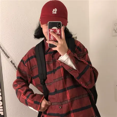 新款韩版港风复古百搭宽松格子学院风mschf长袖ins衬衫衬衣女外套图片