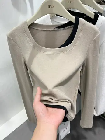 设计感拼接撞色假两件长袖T恤女2023春新款洋气短款体恤小衫上衣商品大图