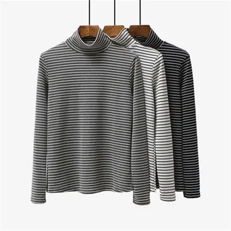 条纹高领加厚加绒打底衫女装长袖洋气内搭秋冬百搭德绒保暖上衣服图片