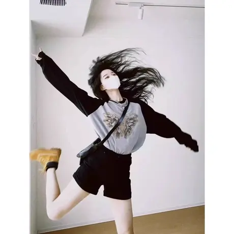 拼接撞色插肩袖T恤女初秋洋气减龄宽松显瘦纯棉长袖上衣体恤潮ins商品大图