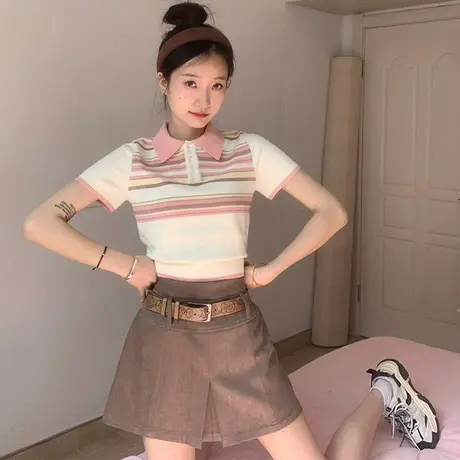 撞色条纹polo领针织衫短袖t恤女夏季甜辣修身短款上衣设计感小众商品大图