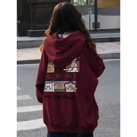 酒红色卫衣女秋冬连帽潮牌美式炸街加绒加厚小个子宽松慵懒风外套商品大图
