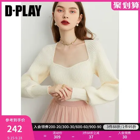 DPLAY2023年秋装奶杏色灯笼长袖加厚套头锁骨毛衣上衣图片