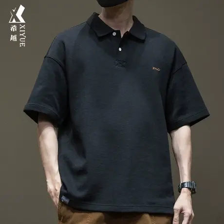 希越夏季重磅衬衫领短袖polo衫男宽松大码胖子男装小刺绣打底上衣商品大图