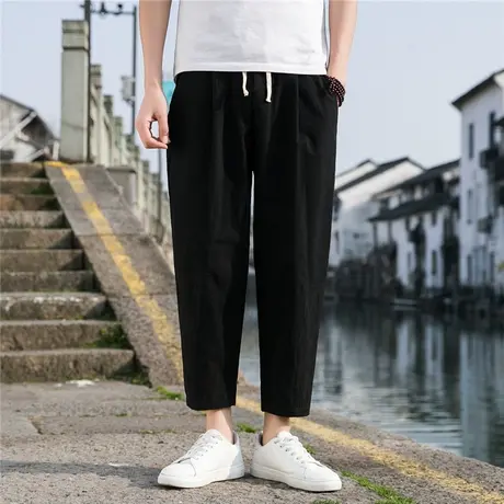 港风夏季亚麻9分裤男韩版潮流薄款棉麻萝卜裤宽松直筒学生休闲裤商品大图