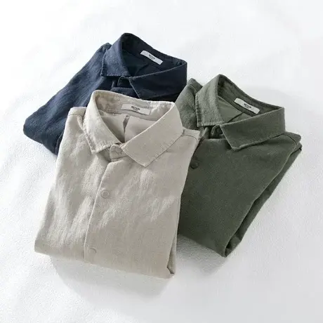 棉麻夹克男宽松休闲长袖帅气男士棒球服外套春秋上衣翻领衬衣潮流商品大图