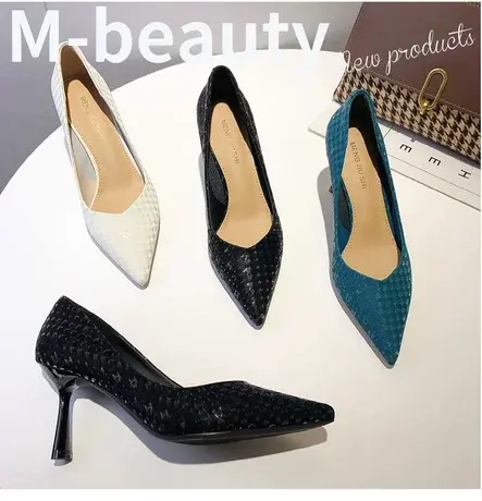 高跟鞋女2023年新款春季杏色单鞋女设计感小众气质不累脚蓝色细跟图片