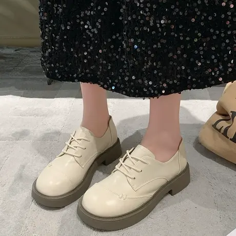 小众软底英伦风小皮鞋女圆头单鞋2023年秋季新款配裙子系带乐福鞋商品大图