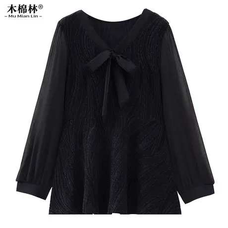 2024新款胖mm大码女装蝴蝶结系带气质减龄长袖衬衣遮肚显瘦宽松潮图片