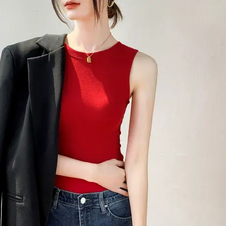 纯色无袖T恤女2春秋圆领修身莫代尔吊带背心复古红西装内搭打底衫商品大图