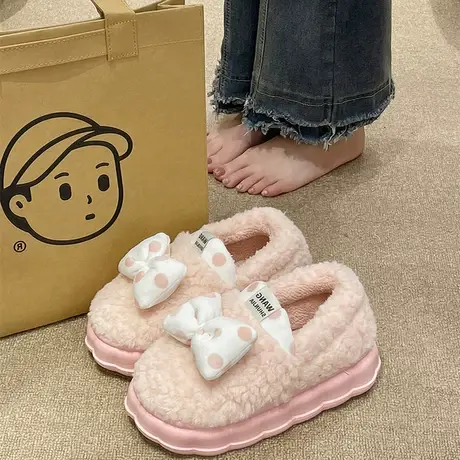 厚底棉拖鞋女包跟冬季可爱室内家居家用防滑可外穿保暖蝴蝶结棉鞋商品大图