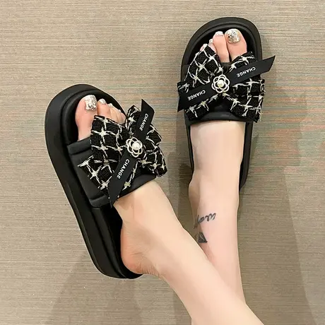 拖鞋女夏季网红ins潮时尚蝴蝶结松糕厚底增高防滑外穿沙滩凉拖鞋商品大图