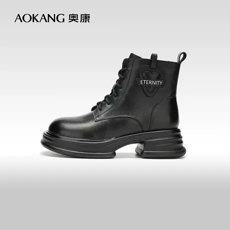 【门店发货】奥康女鞋 2023冬季新款加绒保暖黑色时尚机车靴短靴图片
