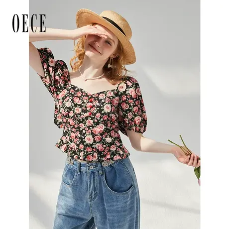 Oece复古碎花上衣女2023夏季新款女装设计感小众短袖气质小衫商品大图