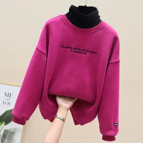 卫衣女2023新款加绒加厚爆款秋冬宽松韩版火龙果色假两件刺绣上衣商品大图