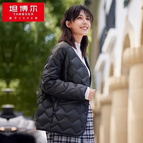 坦博尔无领羽绒服女菱格纹宽松百搭黑色90鸭绒外套反季清仓图片