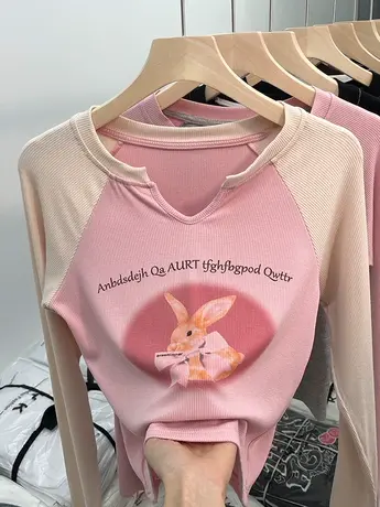 早春秋独特别致甜辣妹短款v领上衣设计感小众打底衫女内搭长袖t恤商品大图