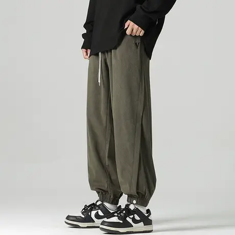 男士军绿色裤子男美式高街2023年新款灯芯绒男裤束脚运动裤休闲裤商品大图