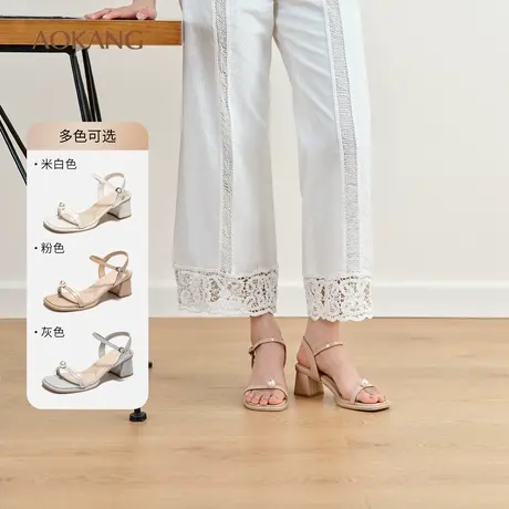 奥康 女鞋2025夏季凉鞋法式高级一字带珍珠时装凉鞋外穿配裙凉拖图片