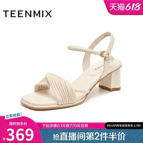 天美意一字带凉鞋粗跟凉鞋女夏季高跟鞋时装凉鞋新款BJ021BL4图片
