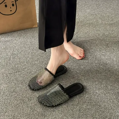 网面水钻透明凉拖鞋女夏外穿平软底2024新款防滑大码孕妇包头半拖图片