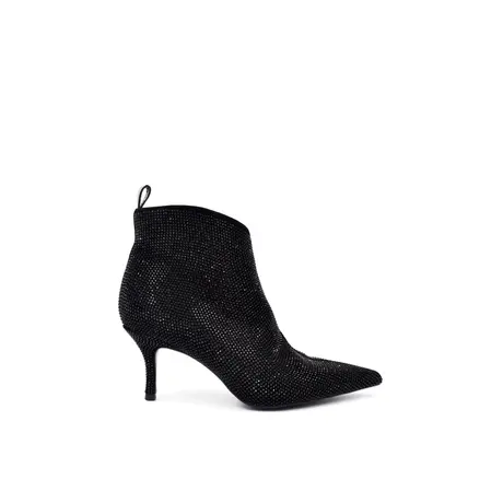 VME/舞魅黑色细跟保暖羊皮尖头闪钻短靴时装靴女图片