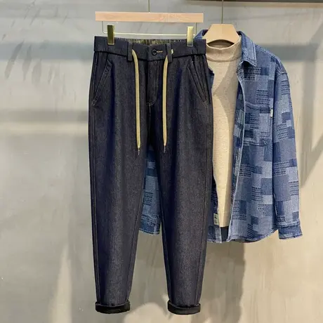 2023春秋季新款复古做旧水洗经典直筒牛仔裤男蓝色小脚宽松长裤子图片