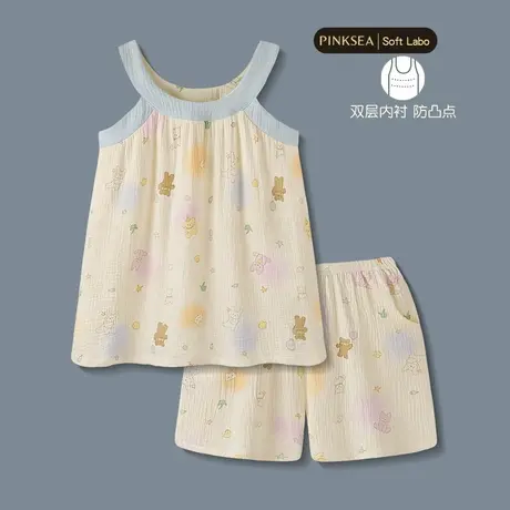 睡衣女款2025新款夏季纯棉纱布吊带短裤套装可爱女士带内衬家居服商品大图