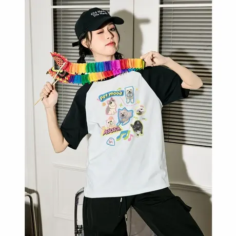 唐狮短袖T恤早春t恤纯棉撞色插肩袖圆领短袖女生夏季纯棉新款上衣图片