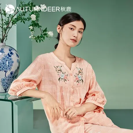 秋鹿柔软透气睡衣女夏季薄款新中式国风条纹格子七分袖家居服套装商品大图