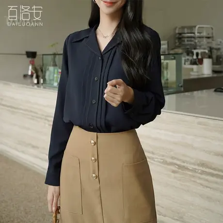 百洛安设计感小众上衣女2023秋季新款优雅知性衬衣百搭西装领衬衫图片