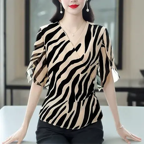 别致气质女士真丝t恤女短袖2025夏季新款时尚条纹修身显瘦女上衣图片