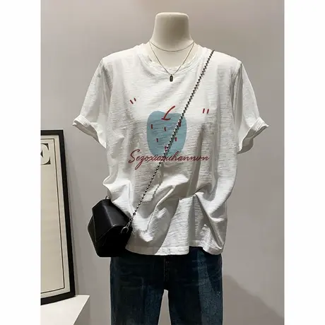 胖mm炸街减龄时尚卡通短袖t恤女欧美大码白上衣设计感小众ins潮牌商品大图