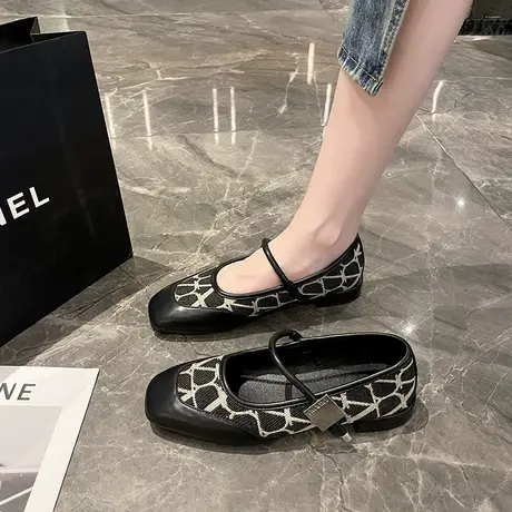 永希单鞋女2023年新款拼色平底时髦豆豆鞋配裙子舒适方头玛丽珍鞋商品大图